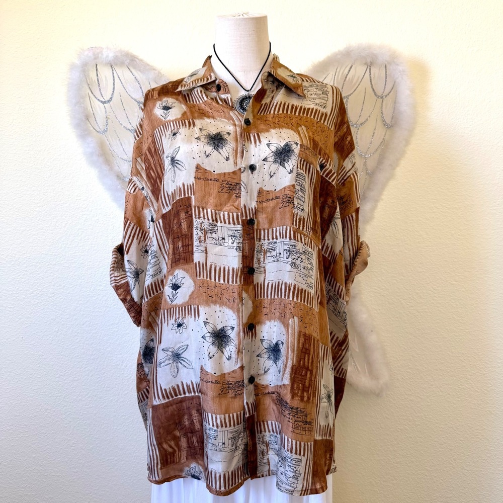 Bruno Silk Abstract Floral Button Up‎ Shirt Brown Tan XL Short Sleeve Vintage